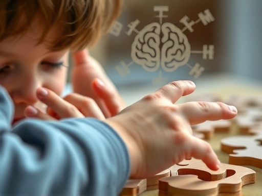 Close-up of a child's hands actively engaged in a brain-training puzzle, with abstract cognitive symbols subtly integrated into the background.