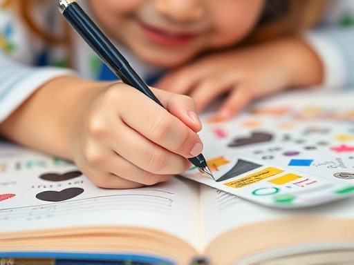 Close-up of a child's hand holding a pen, writing in a diary filled with colorful drawings and stickers, showing creativity and joy.