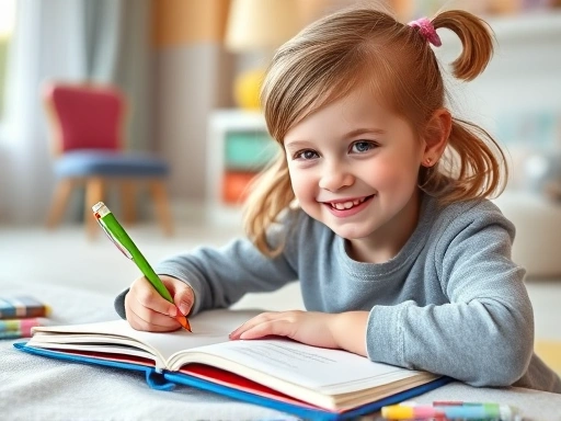 A 7-10 year old child happily writing in a colorful diary with various pens, smiling, in a bright, cozy room.