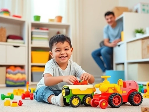 A cheerful 6-12 year old child happily organizing toys in a neat room, bright and organized, with a parent smiling in the background. Focusing on positive habit formation.