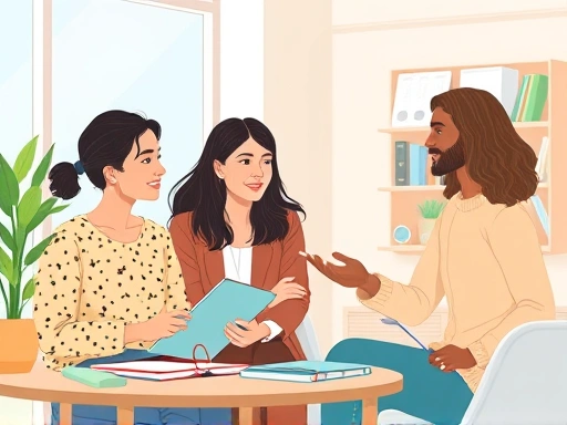 A detailed illustration of parents discussing their child's education with a professional counselor in a bright, modern office setting, showing notebooks and a friendly atmosphere, with keywords like 