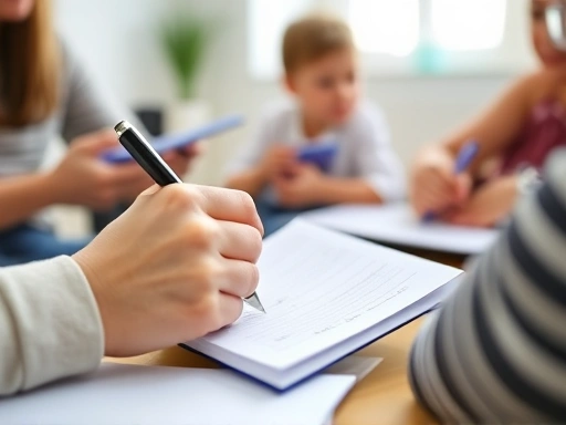 Close-up on a parent's hand taking notes during a consultation session, with blurred figures of a counselor and a child in the background, emphasizing focus and actionable advice, featuring keywords like 