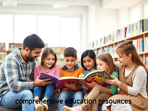 A diverse group of parents and children of various ages happily reading and learning together in a bright, modern library, representing comprehensive education resources.