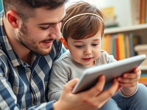 Close-up of a parent and child interacting with a tablet, showing an educational app, with a background of books and learning tools, highlighting digital learning.