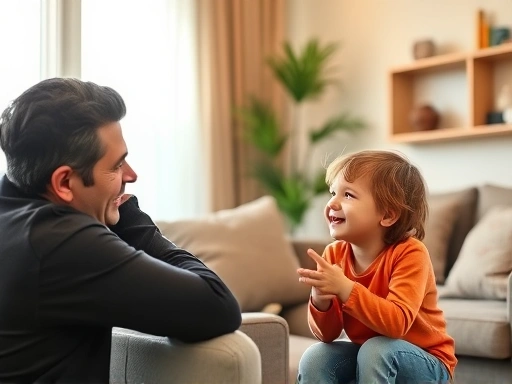 A parent and a child (4-10 years old) are engaging in an emotional conversation in a cozy living room, showing empathetic connection.
