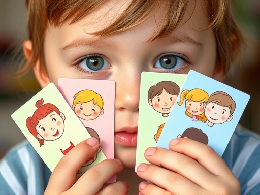 Close-up of a child (4-10 years old) playing with colorful emotion flashcards, showing various facial expressions and learning emotional vocabulary.