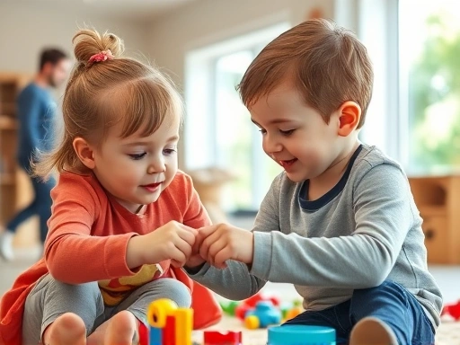 A caring child, around 6 years old, sharing toys with a friend in a brightly lit play area, with parents subtly observing in the background.