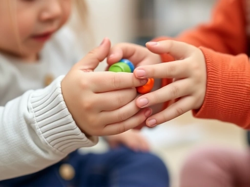 Close-up of a child's hands gently offering a toy to another child, showing a moment of shared play and consideration.
