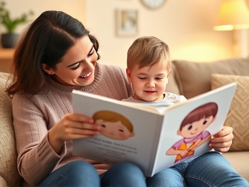 A warm scene of a mother and her 5-year-old child reading a picture book about emotions, with the child pointing at a character's facial expression, in a cozy living room.