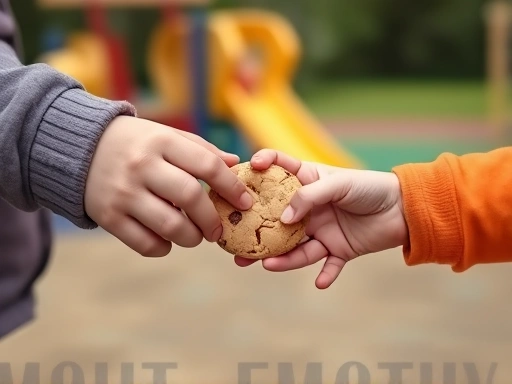 Close-up of a child's small hands sharing a cookie with a friend, symbolizing empathy and sharing, with blurred background of a playground.