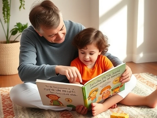A warm scene of a parent and a 4-8 year old child, sitting together on a rug, reading a storybook, with the parent pointing at a character on the page, discussing emotions and fostering empathy.