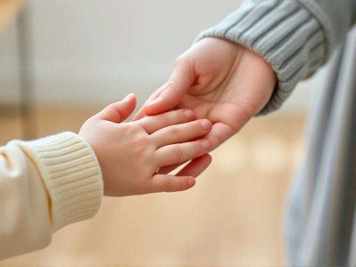 A close-up shot of a parent's hand gently guiding a child's hand to share a toy with another child, illustrating the act of sharing and kindness in a subtle way, focusing on hands and toys.