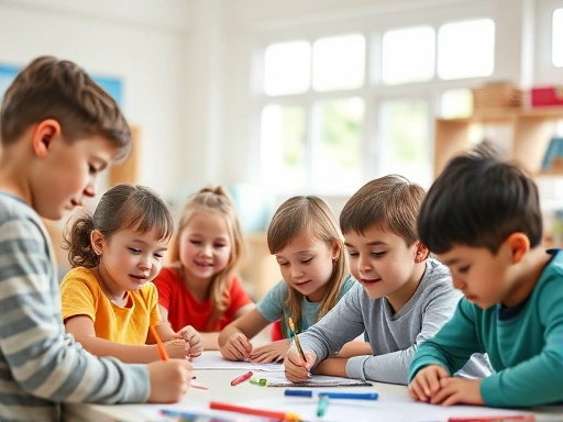 A diverse group of 5-10 year old children in a brightly lit classroom, some drawing, some playing, looking engaged and resilient, a teacher is observing with a warm smile, conveying a supportive learning environment.