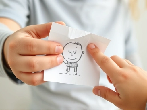 Close-up of a child's hand holding a slightly crumpled drawing, with another child's hand gently touching it, conveying empathy and support, bright, soft lighting, focus on hands and artwork.