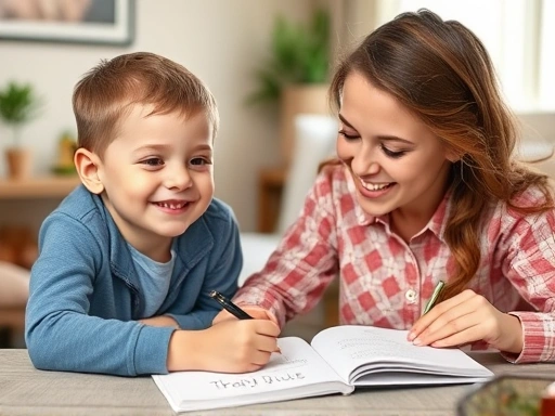 A child (4-8 years old) smiling while drawing in a gratitude journal with their parent, surrounded by a warm, supportive home environment, emphasizing positive emotional development and family bonding.