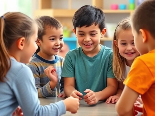 A confident 6-10 year old child leading a group activity with friends, demonstrating initiative and clear communication in a bright, playful setting, focusing on collaboration.