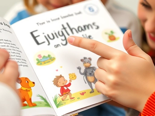 Close-up of a child's hands pointing at a brightly illustrated English children's book, with a parent's hand gently guiding, showing interactive learning and the joy of discovery.