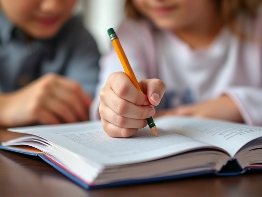 Close-up of a child's hand holding a pencil over an open book, with a blurred background of a parent gently guiding them, symbolizing learning and support.