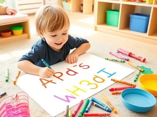 A 4-year-old child joyfully practicing writing letters with colorful crayons on a large paper, surrounded by sensory play materials like sand and play-doh, in a bright, playful room.