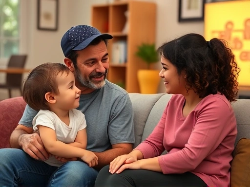 A concerned parent calmly talking to a child aged 4-8, sitting together in a cozy living room, emphasizing communication and understanding for honesty.