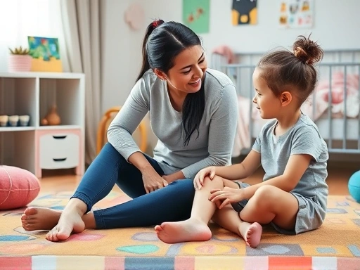 A concerned parent gently talking to their 4-8 year old child, sitting on a colorful rug in a child's bedroom, emphasizing understanding and open communication, soft lighting.
