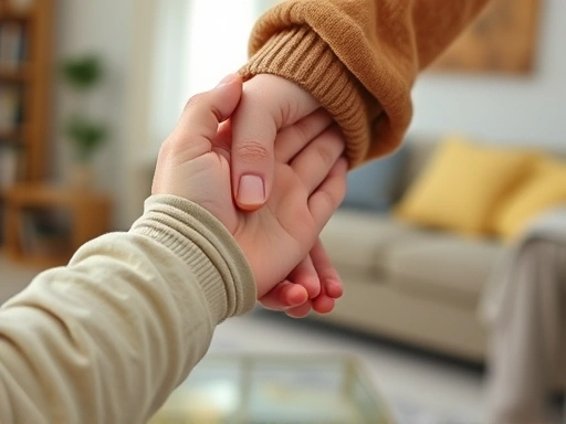 Close-up of a parent's hand gently holding a child's hand, conveying trust and reassurance, with a blurred background of a living room, highlighting emotional connection.