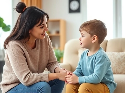 A caring parent gently talking with a 5-8 year old child in a cozy living room, symbolizing understanding and open communication for child social skills.