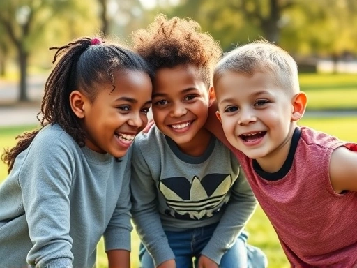 Close-up of diverse children aged 5-8 playing together happily in a bright, inviting park, showing positive social interaction and friendship building.