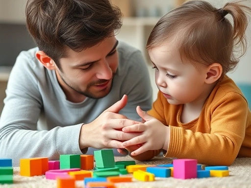 Close-up of a parent and child engaged in a playful role-playing scenario about sharing, with various colorful toys scattered around them.
