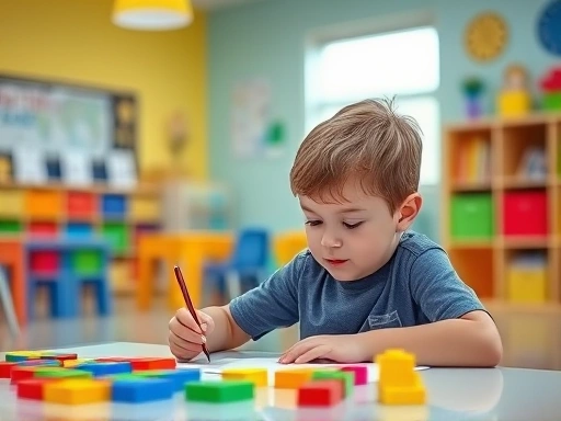 A brightly lit, colorful classroom where a 6-12 year old boy is actively engaged in a fun learning activity, perhaps drawing a mind map or playing a memory game with building blocks.
