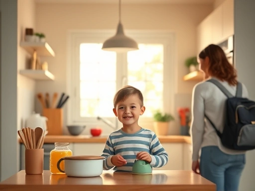 A cozy morning scene in a brightly lit kitchen, a happy child (6-10 years old) quickly preparing for school, parents calmly assisting, showcasing an efficient morning routine for kids.
