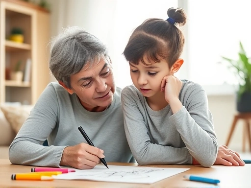 A thoughtful parent comforting a 6-12 year old child who is frustrated with a drawing, emphasizing effort over outcome in a brightly lit home environment.