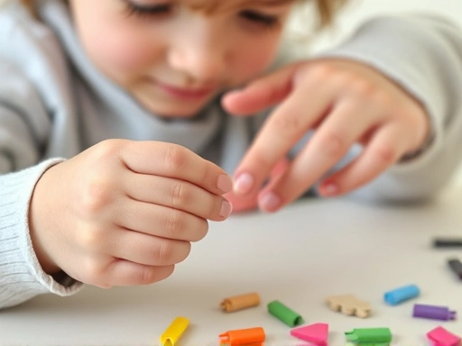Close-up of a child's hands carefully adjusting a slightly imperfect craft project, with a parent's reassuring hand gently touching theirs, showing support for the child's perfectionist tendencies.