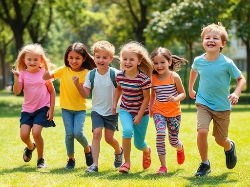 A vibrant group of diverse 5-10 year old children actively playing outdoors, showcasing healthy physical activity and joy, with dynamic movement in a sunny park setting.