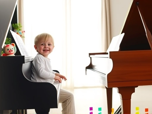 A cheerful 6-year-old child happily playing a grand piano in a brightly lit music room, surrounded by colorful music notes and toys, emphasizing early learning and joy.