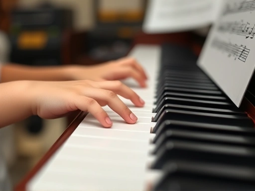 Close-up on a child's small hands gently pressing piano keys, with sheet music faintly visible in the background, focusing on delicate finger movements and learning process.