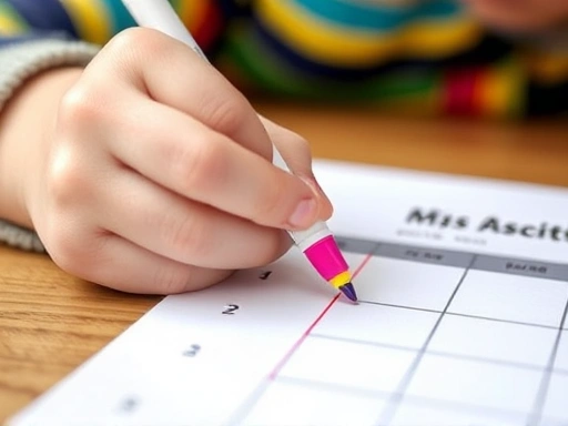 Close-up of a child's hand using a colorful marker to check off a completed task on a daily schedule, emphasizing the practical aspect of habit building.