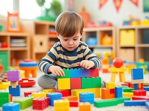 A child aged 6-12 actively engages in creative block play, surrounded by diverse toys, fostering self-directed learning in a bright, playful room.