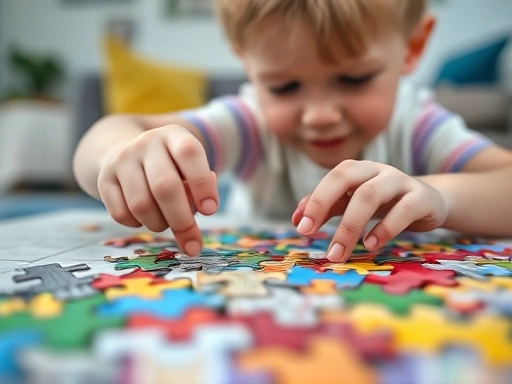 Close-up of a child's hands solving a colorful jigsaw puzzle, showing focus and determination, with blurred background of a cozy living room.