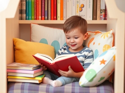A cozy children's reading nook with colorful books, soft pillows, and a happy 4-7 year old child immersed in a book, emphasizing a calm reading environment.