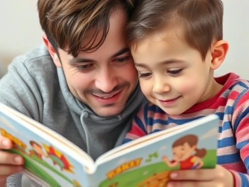 Close-up of a parent and a 4-7 year old child actively reading a picture book together, with animated facial expressions and pointing at illustrations, showcasing interactive reading fun.