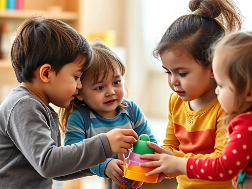 A close-up of a diverse group of 4-8 year old children, one offering a toy to another, with a parent gently guiding them in a brightly lit play area, conveying understanding and empathy.