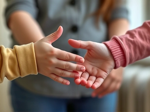 A detailed shot of a child's hand gently reaching out to another child's hand, symbolizing reconciliation, with blurred background of a parent's supportive presence, focusing on the gesture of apology.