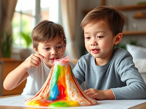 A curious 6-9 year old child enthusiastically performing a baking soda volcano experiment at home, with colorful liquid erupting, a parent safely observing in the background, bright natural lighting.