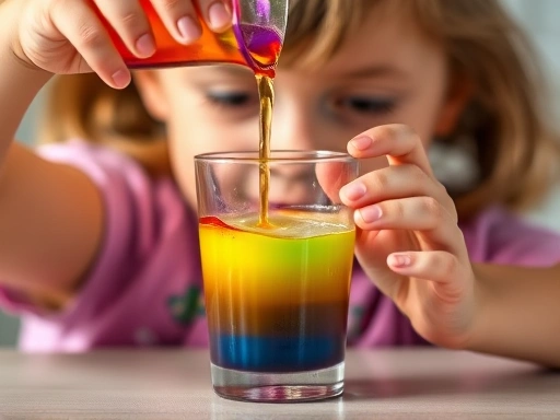 Close-up of a child's hands carefully pouring colorful liquids into a glass to create a density rainbow tower, showing distinct layers and the child's focused expression.