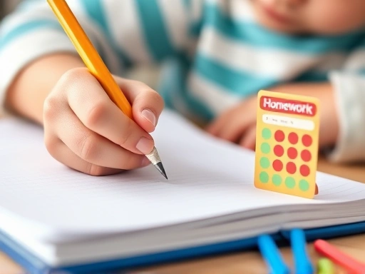 Close-up shot of a child's hand holding a pencil, writing diligently in a notebook, with a small reward sticker chart visible, emphasizing focused effort and positive reinforcement for homework completion.