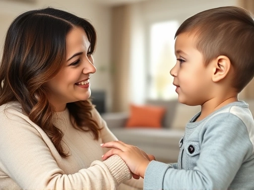 A caring parent actively listening to their child with warm, supportive body language, showing love and trust in a bright, modern living room.