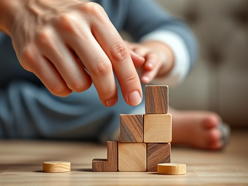 Close-up of a parent's hand gently guiding a child's hand while building blocks, symbolizing support and encouragement for growth, with a blurred, cozy background.
