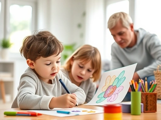 A child between 5 and 10 years old drawing a colorful picture, expressing emotions freely in a bright, supportive home environment, with parents gently observing.