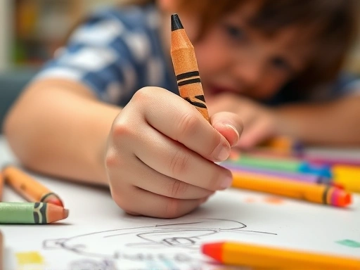 Close-up of a child's hand holding a crayon, focused on their artwork, with various art supplies on a table, symbolizing creative expression.